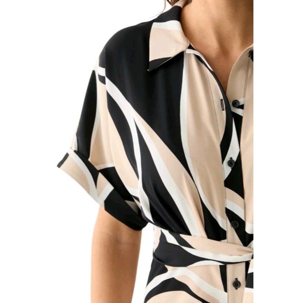 DKNY Abstract Geo Print Midi Shirt Dress Neutral Earthy Mod Retro Chic Size 12 - Picture 5 of 12